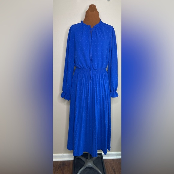 Long Sleeve Swiss Dots Maxi Dress High Waisted A-Line Ruffle Party Dress Size L - Picture 1 of 7